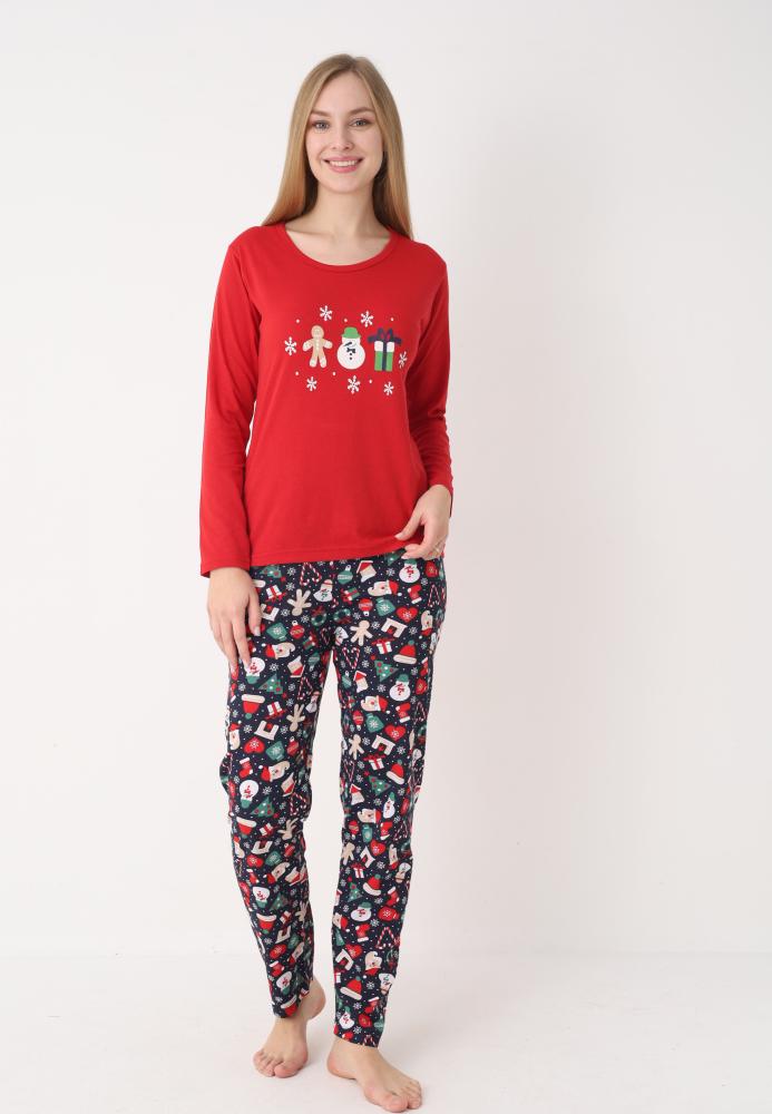 Pijama dama Craciun,maneca lunga si pantaloni lungi,imprimeu figurine festive, En-gros